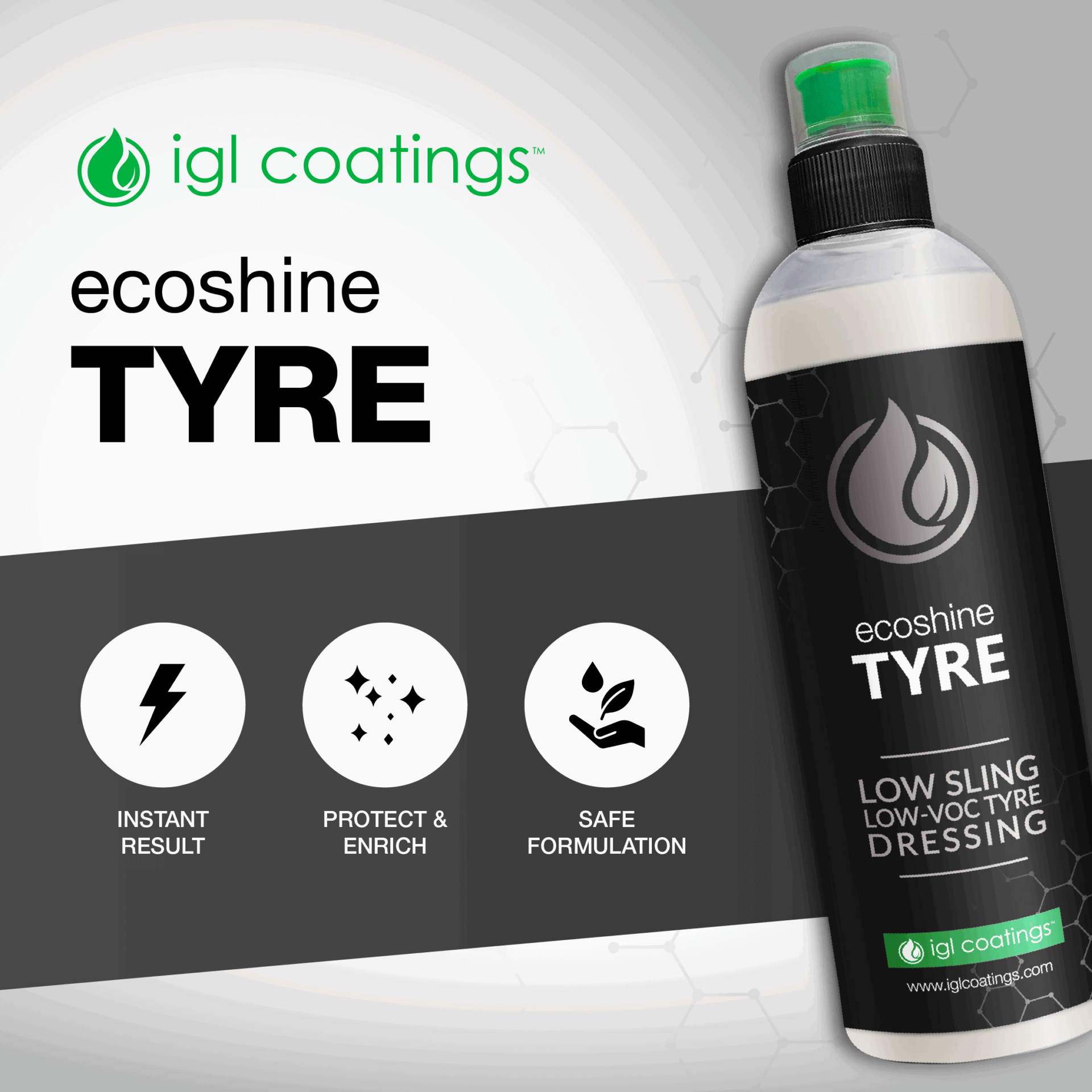 ecoshine tyre, instant results, protects and enriches your tyres and efficient and safe formulation